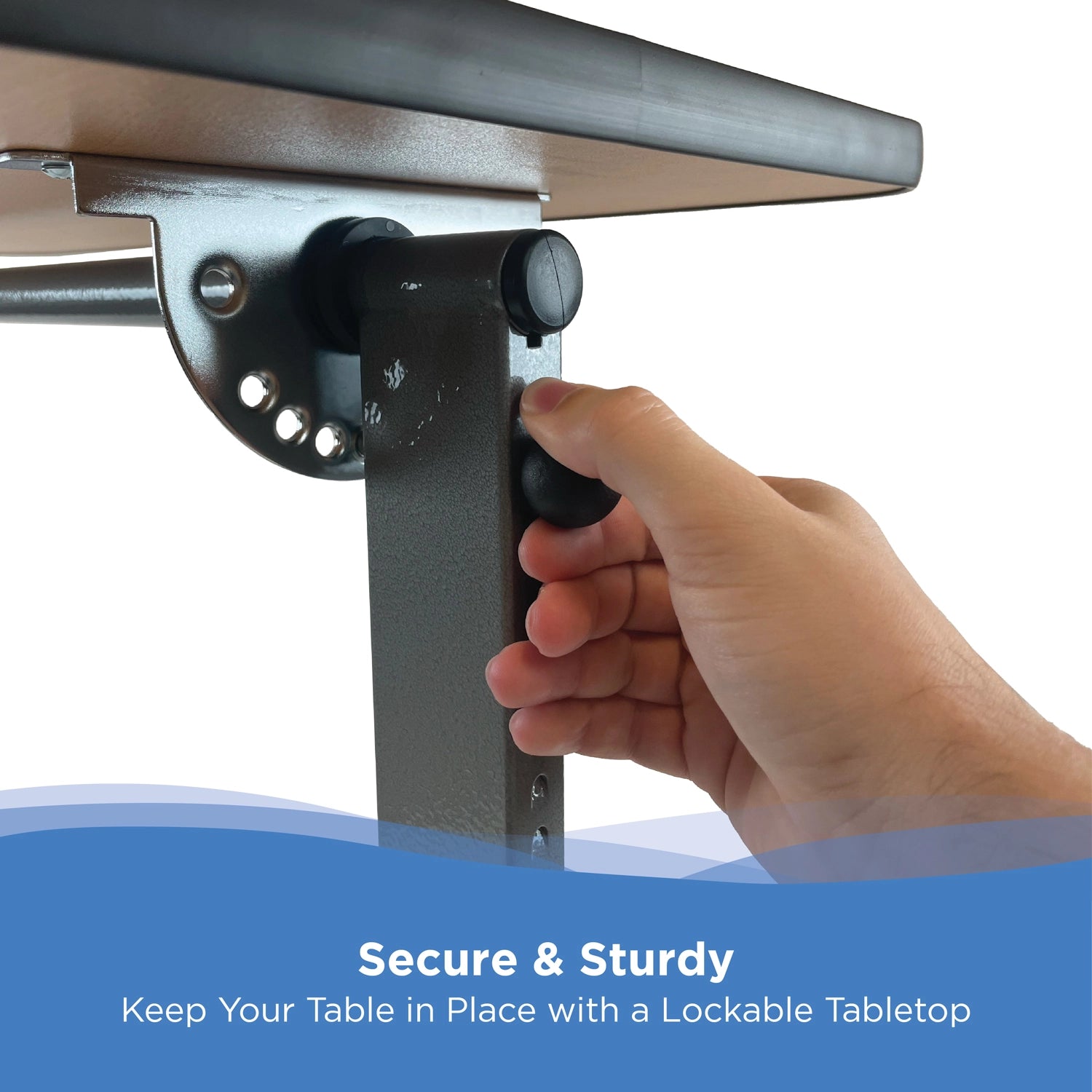 Close-up of a hand turning a black lockable knob on a dark metal table leg bracket, with text at the bottom reading 'Secure & Sturdy' and 'Keep Your Table in Place with a Lockable Tabletop.'.