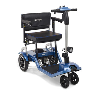 The Journey So Lite Folding Power Scooter is a compact, blue mobility scooter with four wheels, black seat, armrests, handlebars, footrest, front basket, and the brand name on the seat backrest.