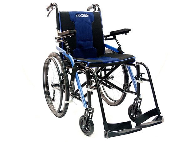 The Open Box So Lite® Super Lightweight Folding Wheelchair features a blue and black frame, cushioned seat and backrest, large rear wheels, small front wheels, black armrests, and footrests—perfect for easy transport and comfort.