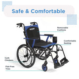 The Journey So Lite® C2 Ultra Lightweight Wheelchair in black and blue features removable cushions, comfortable seating, curb climbers, and flat-free tires. Text above reads: Safe & Comfortable for effortless mobility and featherlight design.