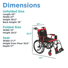 Diagram of the Journey So Lite® C2 Ultra Lightweight Wheelchair, black and red, size: unfolded—42 L x 27 W x 36.5 H; folded—13 W x 29.5 H. This wheelchair is portable and ideal for easy transport and storage.