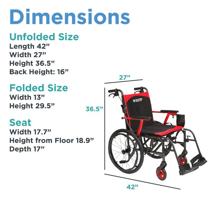 The Journey So Lite® C2 Ultra Lightweight Wheelchair in black and red features labeled dimensions (unfolded, folded, seat: length, width, height) emphasizing its featherlight design and compact portability for easy mobility.