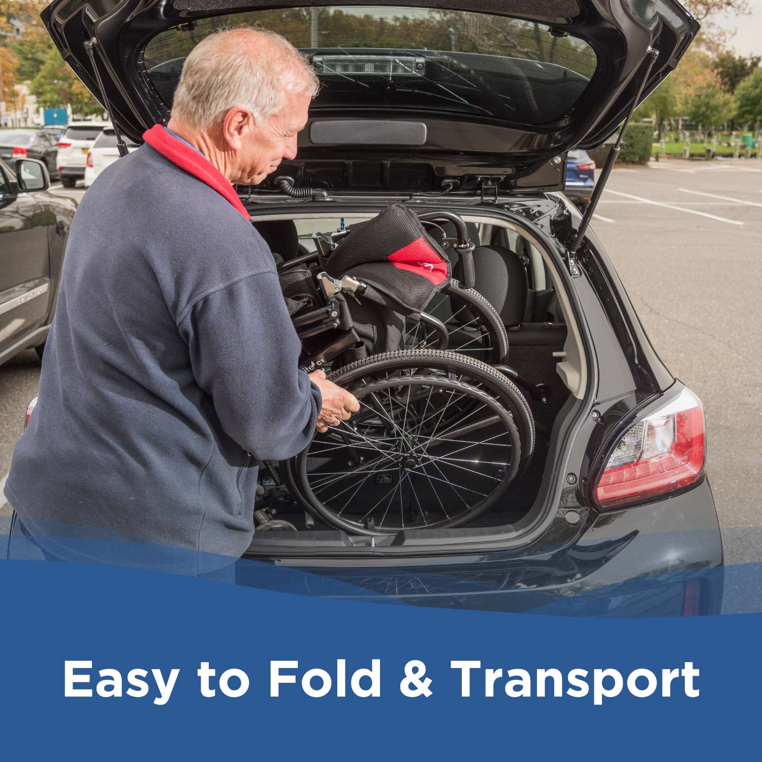 An older man loads a Journey So Lite® C2 Ultra Lightweight Wheelchair into his car trunk in a parking lot. Text reads: Easy to Fold & Transport—a portable mobility solution.