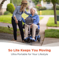 A smiling older woman sits in a motorized wheelchair on the sidewalk, beside a happy younger woman in a hat. Text below reads, “Journey So Lite Folding Power Scooter—Ultra Portable for Your Lifestyle.”.