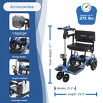 The Journey So Lite Folding Power Scooter features a blue frame with black seat and armrests. Shown with storage bags, basket, headlight, and beverage holster. Supports up to 275 lbs; dimensions: 37H x 21.5W x 39.5L.