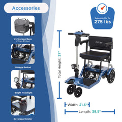 The Journey So Lite Folding Power Scooter features a blue frame with black seat and armrests. Shown with storage bags, basket, headlight, and beverage holster. Supports up to 275 lbs; dimensions: 37H x 21.5W x 39.5L.