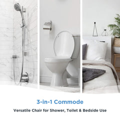 A split image displays a shower, toilet, and bedside. Text: Journey SoftSecure 3-in-1 Commode Chair—use as a shower chair, bedside commode, or toilet for versatile comfort and convenience at home.