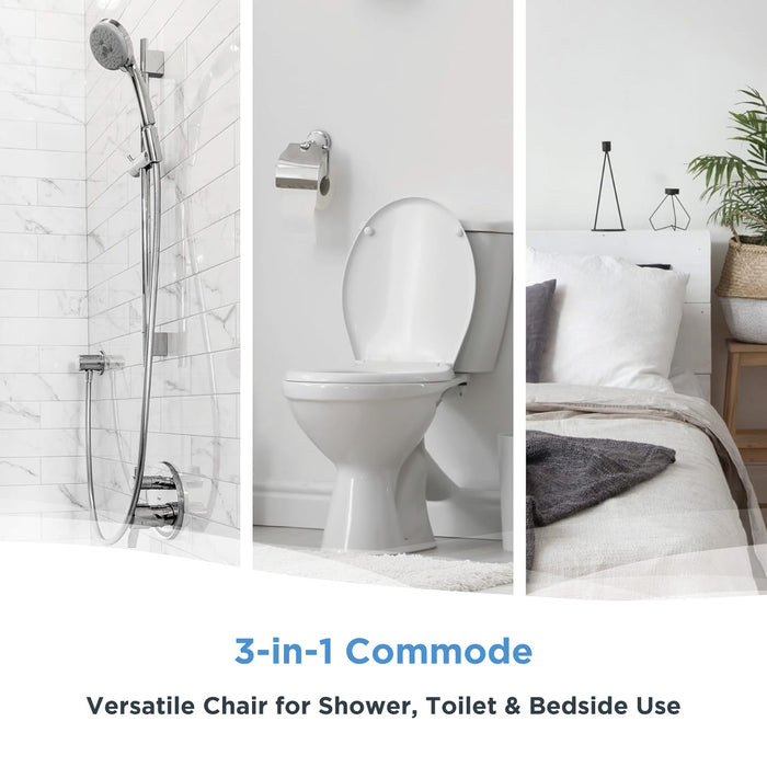 A split image shows a shower, toilet, and bed. Below reads: Journey SoftSecure 3-in-1 Commode Chair—crafted with medical-grade materials for versatile use as a shower chair, commode, or bedside aid.