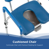 Cushioned commode chair with blue padding on a white background