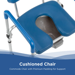 The Journey SoftSecure 3-in-1 Commode Chair for Home & Bedside Use features premium padding, an open front, a metal frame, and a removable bucket—ideal for use as a bedside commode or shower chair. Cushioned support for comfort.