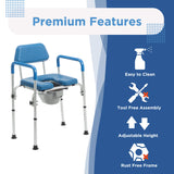 The Journey SoftSecure 3-in-1 Commode Chair in blue and white features armrests, a removable bucket, tool-free assembly, adjustable height, a rust-free frame, easy-to-clean medical-grade materials, and side panels highlighting key features.
