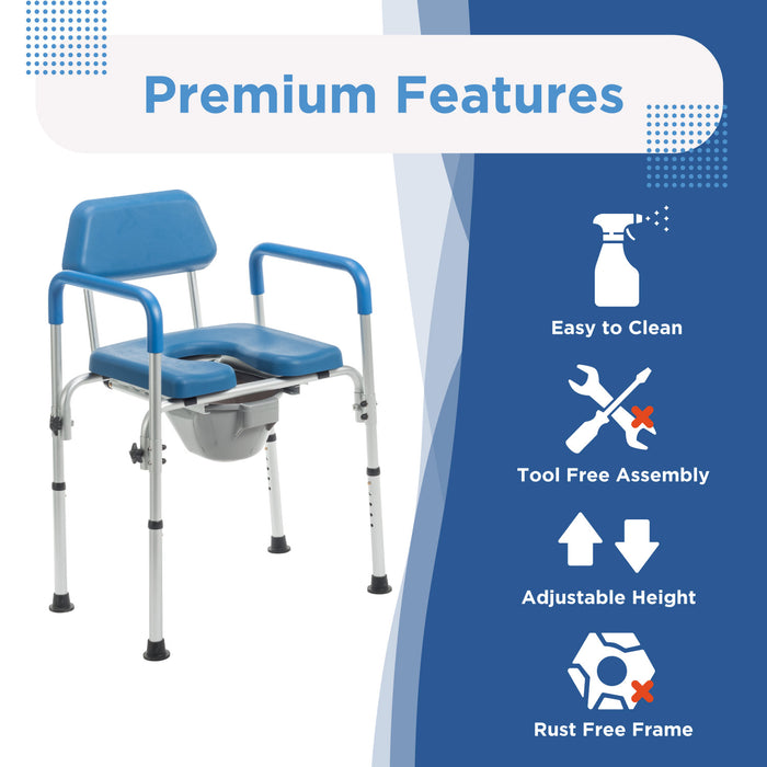 The Journey SoftSecure 3-in-1 Commode Chair in blue and white features armrests, a removable bucket, tool-free assembly, adjustable height, a rust-free frame, easy-to-clean medical-grade materials, and side panels highlighting key features.