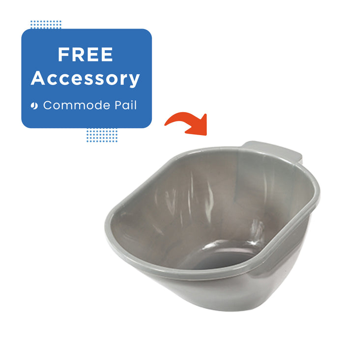 The Journey SoftSecure 3-in-1 Commode Chair features a gray commode pail with handle. A blue box with white and light blue text reads FREE Accessory and Commode Pail, with a red arrow pointing to the durable medical-grade pail.