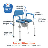 Blue and silver commode chair with features highlighted on a white background