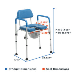 The Journey SoftSecure 3-in-1 Commode Chair with Microban Protection features a labeled seat (16.125 W x 15.125 D) and product dimensions of 26.625 W x 17.5 D, with adjustable height from 31.625 to 35.875. Blue and silver design.