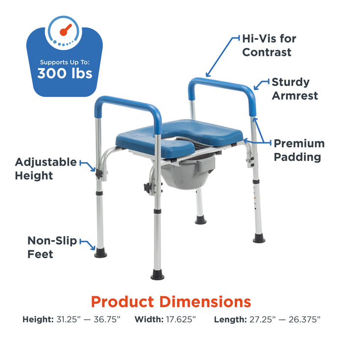 The Journey SoftSecure 3-in-1 Commode Chair for Home & Bedside Use features blue and silver design, sturdy armrests, adjustable height, non-slip feet, premium padding, high-visibility elements, and supports up to 300 lbs. Dimensions/features shown in image.