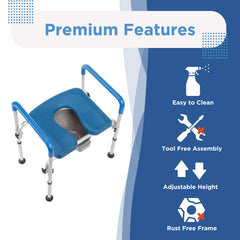 The Journey SoftSecure 3-in-1 Commode Chair for Home & Bedside Use features a blue padded seat and handles, is easy to clean, tool-free to assemble, height adjustable, rust-free, and works as a versatile bedside commode.