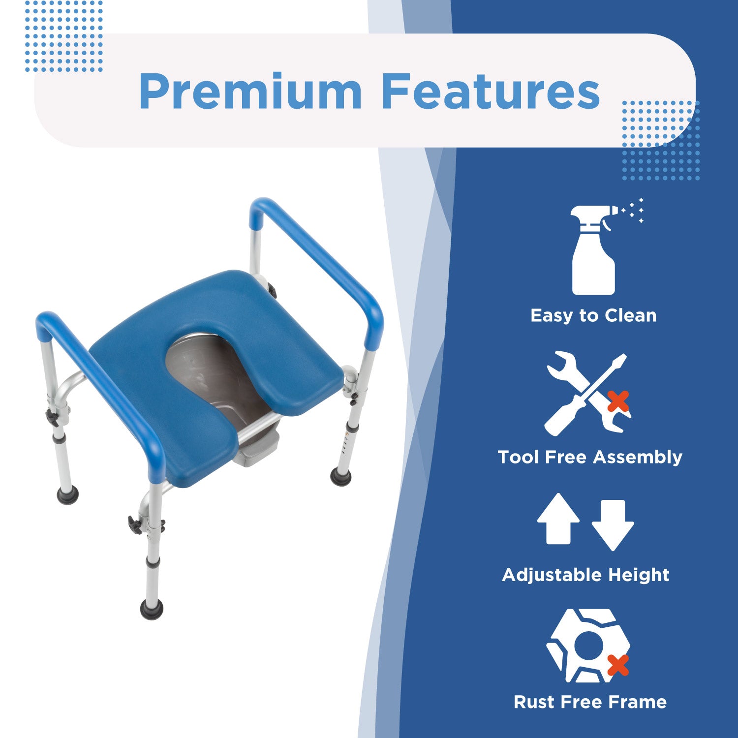 The Journey SoftSecure 3-in-1 Commode Chair for Home & Bedside Use features a blue padded seat and handles, is easy to clean, tool-free to assemble, height adjustable, rust-free, and works as a versatile bedside commode.