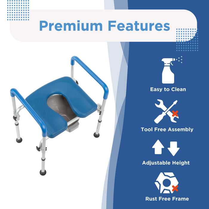 The Journey SoftSecure 3-in-1 Commode Chair for Home & Bedside Use features a blue padded seat and handles, is easy to clean, tool-free to assemble, height adjustable, rust-free, and works as a versatile bedside commode.