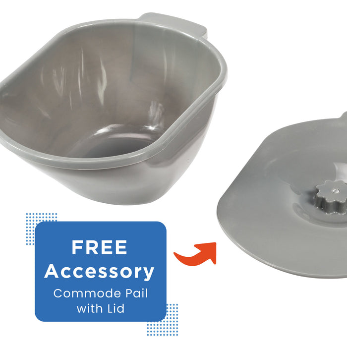 A gray plastic commode pail with matching lid, shown separately, is included FREE with the Journey SoftSecure 3-in-1 Commode Chair for Home & Bedside Use. An orange arrow points from the pail to its lid.