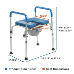 The Journey SoftSecure 3-in-1 Commode Chair features blue armrests, a grey frame, and a removable seat. Product and seat sizes are shown with arrows and inches—perfect for use as a shower chair or bedside commode.