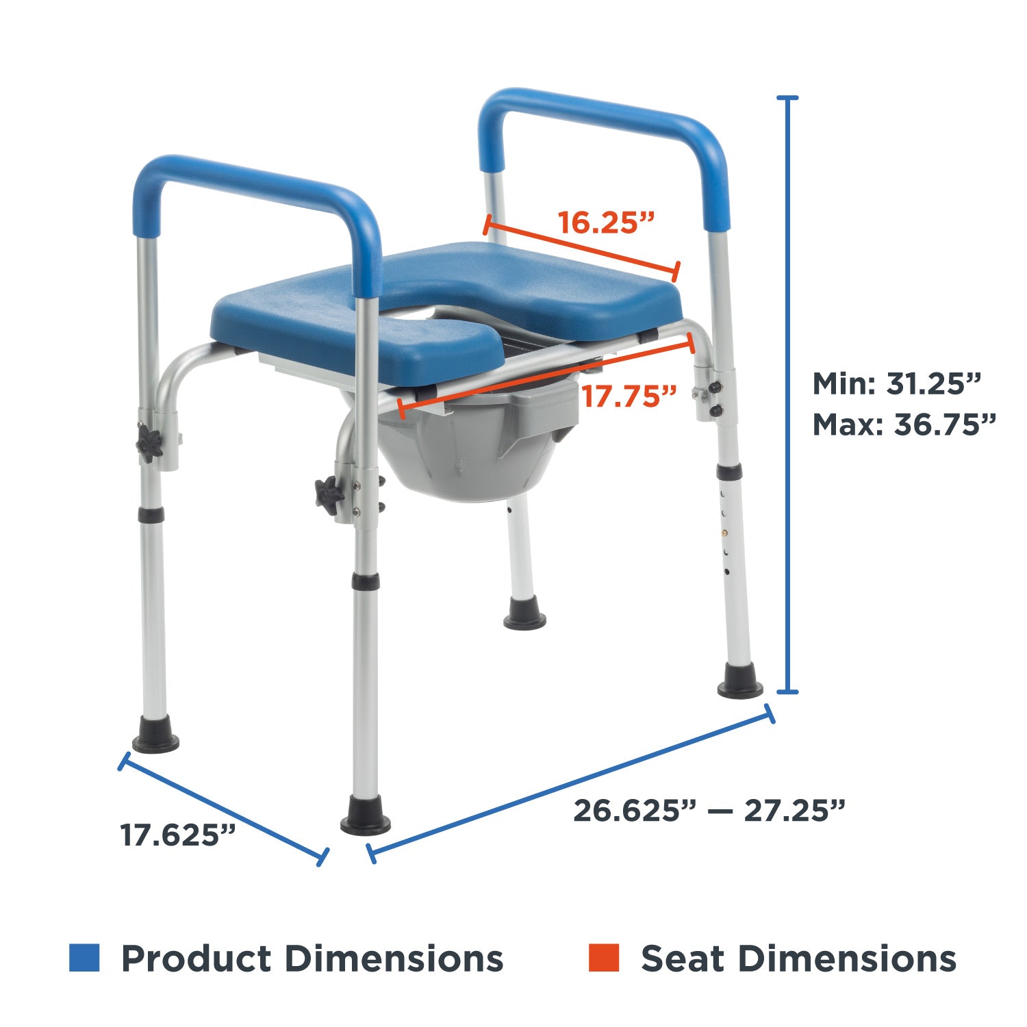 The Journey SoftSecure 3-in-1 Commode Chair features blue armrests, a grey frame, and a removable seat. Product and seat sizes are shown with arrows and inches—perfect for use as a shower chair or bedside commode.