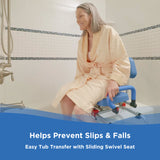 A woman in a bathrobe sits on a blue swivel seat over a bathtub. Text: Helps Prevent Slips & Falls. Journey SoftSecure Rotating Transfer Bench with Microban Protection makes tub transfers safer and more comfortable.