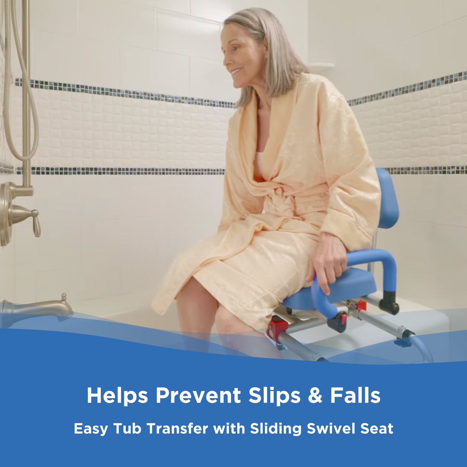 A woman in a bathrobe sits on a blue swivel seat over a bathtub. Text: Helps Prevent Slips & Falls. Journey SoftSecure Rotating Transfer Bench with Microban Protection makes tub transfers safer and more comfortable.