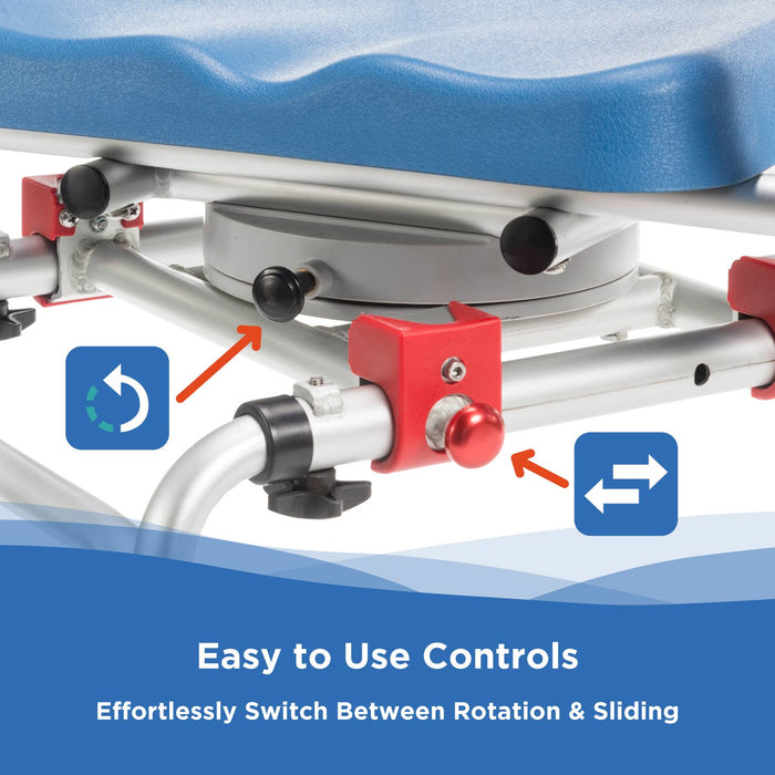 Close-up of the Journey SoftSecure Rotating Transfer Bench with Microban Protection shows two control knobs for rotating and sliding, with arrows and icons. Blue padded seat partially visible above. Easy-to-use controls—ideal shower bench for seniors.