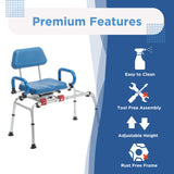 On the left, the Journey SoftSecure Rotating Transfer Bench with Microban Protection is shown. On the right, “Premium Features” icons highlight: easy cleaning, tool-free assembly, adjustable height, and a rust-free frame.