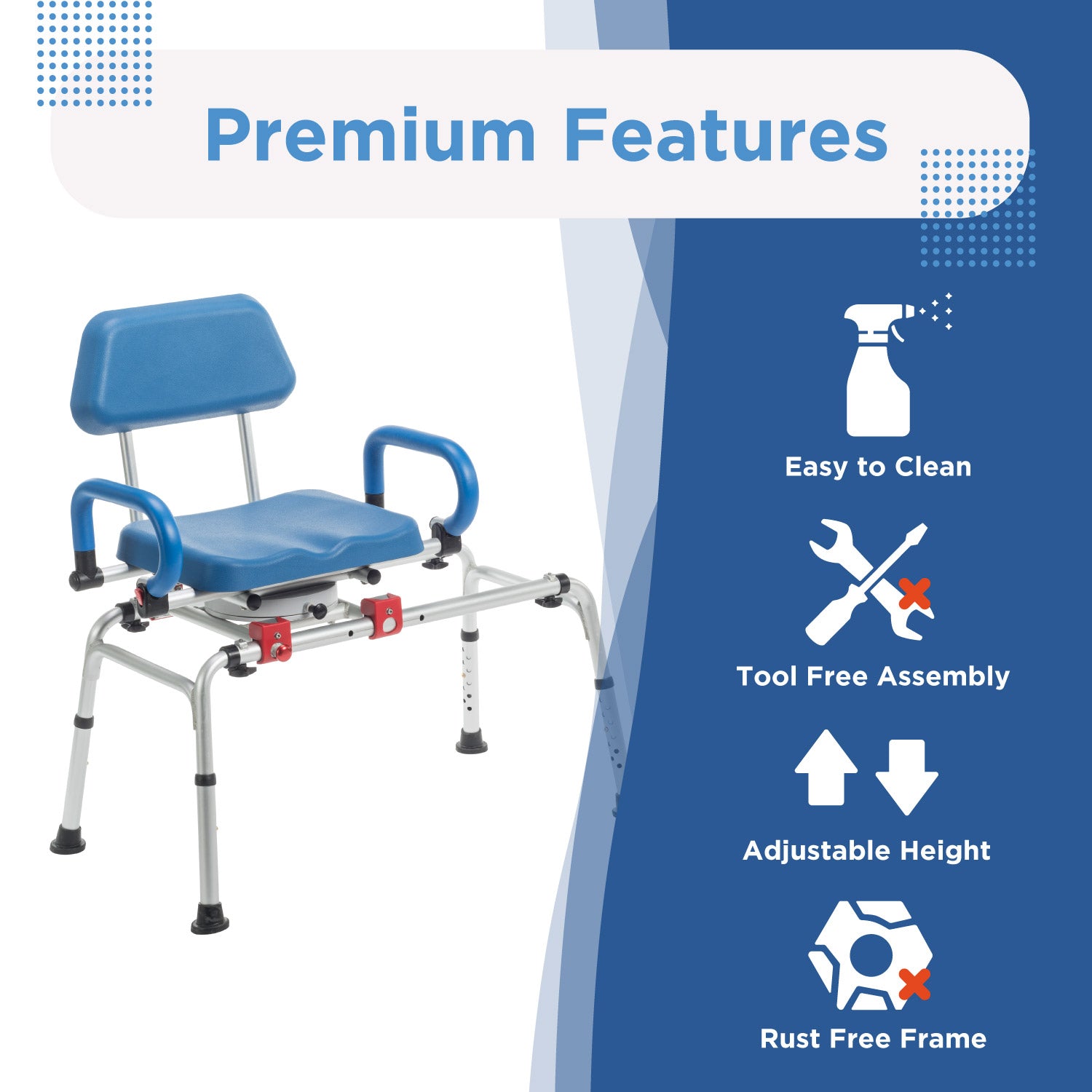 On the left, the Journey SoftSecure Rotating Transfer Bench with Microban Protection is shown. On the right, “Premium Features” icons highlight: easy cleaning, tool-free assembly, adjustable height, and a rust-free frame.