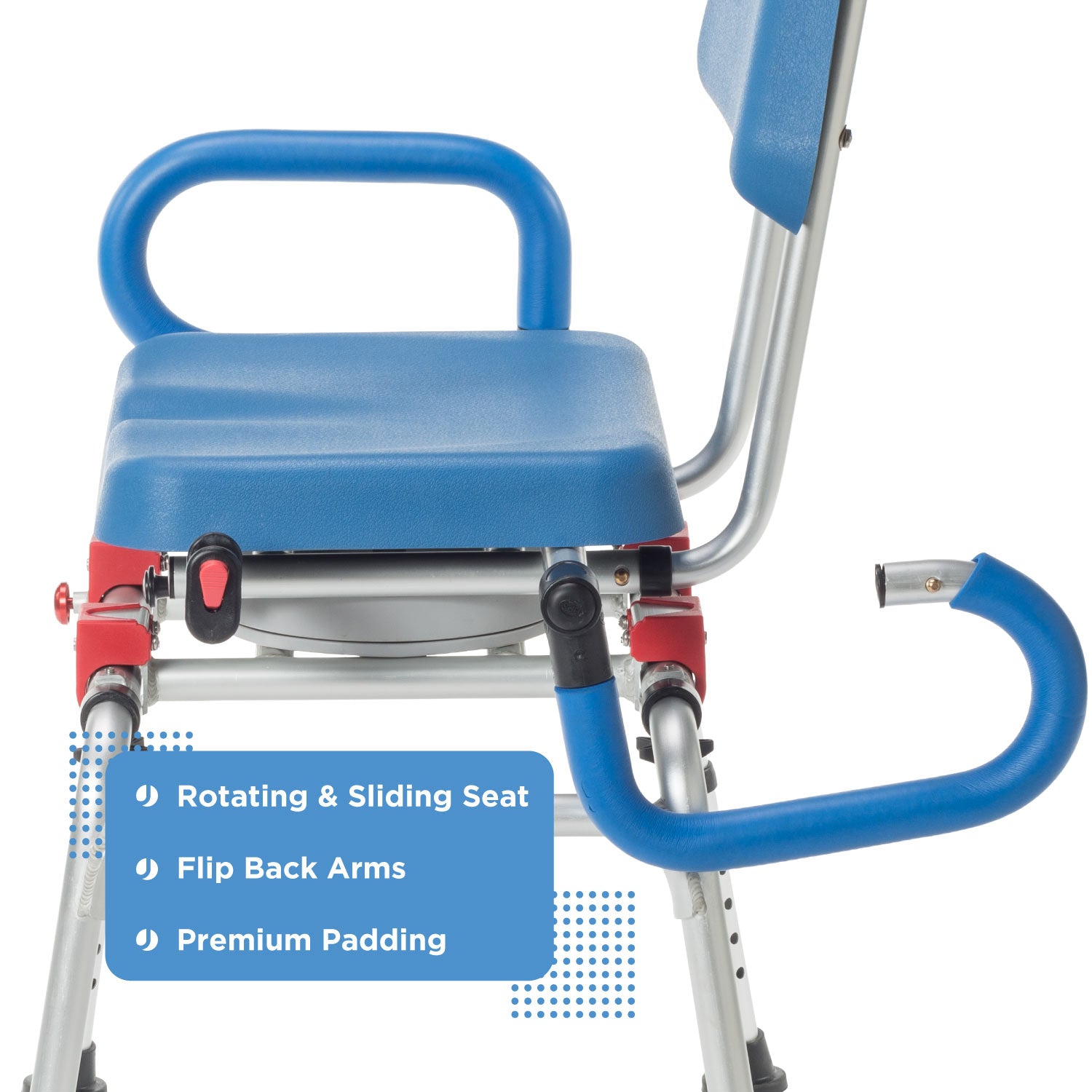 The Journey SoftSecure Rotating Transfer Bench with Microban Protection is shown in blue and silver, featuring a sliding seat, rotating bench, flip-back armrest (one is lifted), premium padding, and listed features in a blue box overlay.