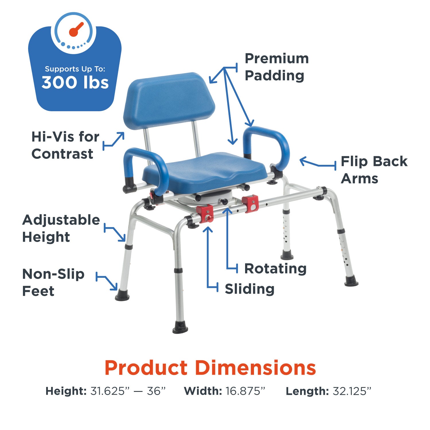 The Journey SoftSecure Rotating Transfer Bench with Microban Protection features blue and silver colors, premium padding, flip back arms, a rotating sliding seat, adjustable height, non-slip feet, hi-vis contrast, supports 300 lbs.