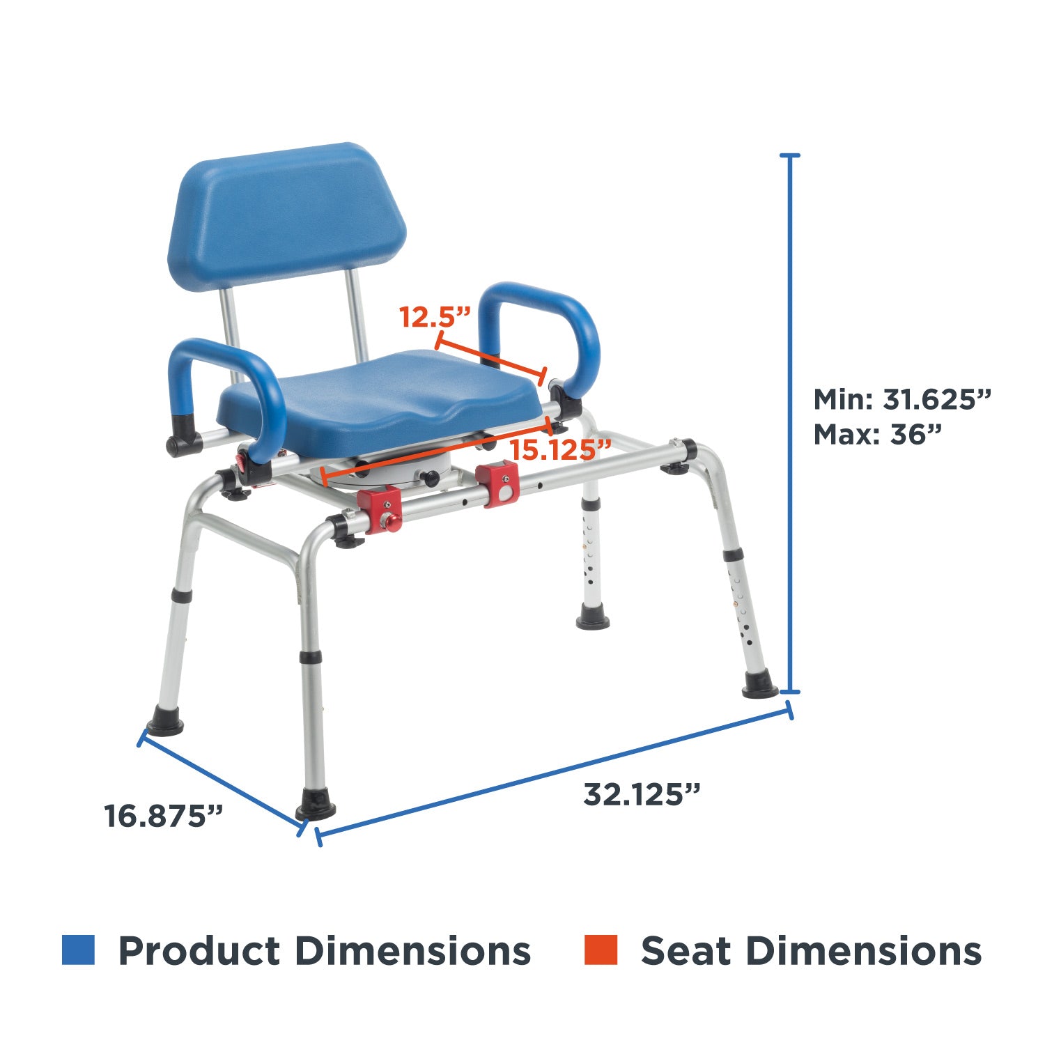 The Journey SoftSecure Rotating Transfer Bench with Microban Protection features a blue seat and backrest, measures 32.125W x 16.875D, adjusts from 31.625 to 36 high, with a seat size of 15.125W x 12.5D—ideal for seniors in the shower or bath.