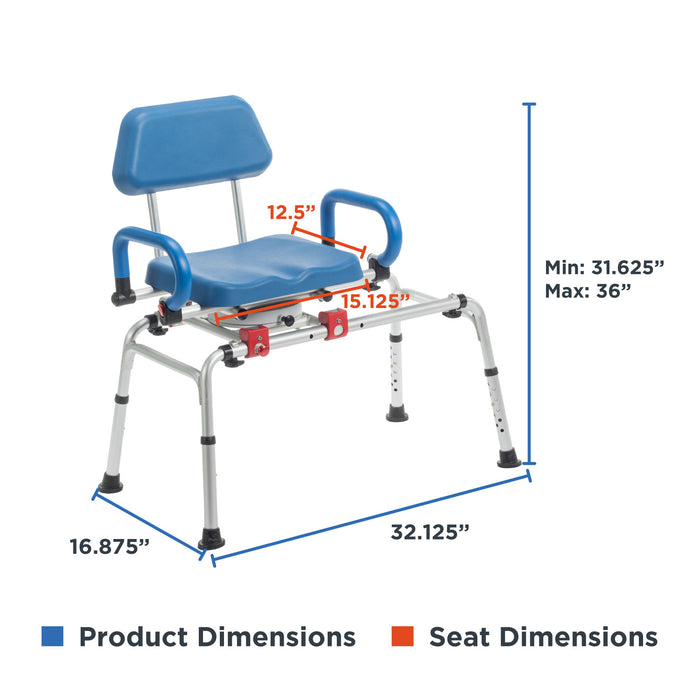 The Journey SoftSecure Rotating Transfer Bench with Microban Protection features a blue seat and backrest, measures 32.125W x 16.875D, adjusts from 31.625 to 36 high, with a seat size of 15.125W x 12.5D—ideal for seniors in the shower or bath.