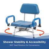 The Journey SoftSecure Rotating Shower Chair, in blue and silver, features armrests, a backrest, and arrows showing its 360° rotating seat for shower stability and accessibility—providing ultimate convenience.