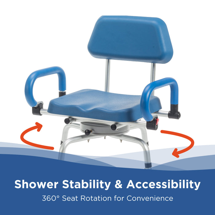 The Journey SoftSecure Rotating Shower Chair, in blue and silver, features armrests, a backrest, and arrows showing its 360° rotating seat for shower stability and accessibility—providing ultimate convenience.