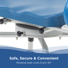 Close-up of the Journey SoftSecure Rotating Shower Chair with Microban Protection for seniors. Features: blue seat, locking metal frame, 360° rotating seat that locks every 90°, and antimicrobial protection for safety and hygiene.