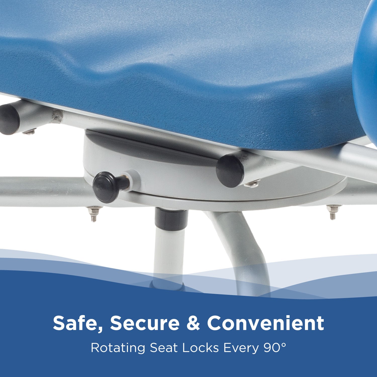 Close-up of the Journey SoftSecure Rotating Shower Chair with Microban Protection for seniors. Features: blue seat, locking metal frame, 360° rotating seat that locks every 90°, and antimicrobial protection for safety and hygiene.