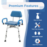 The Journey SoftSecure Rotating Shower Chair, blue and silver with armrests and backrest, is shown beside icons for easy cleaning, tool-free assembly, adjustable height, rust-free frame, and a 360° rotating seat.