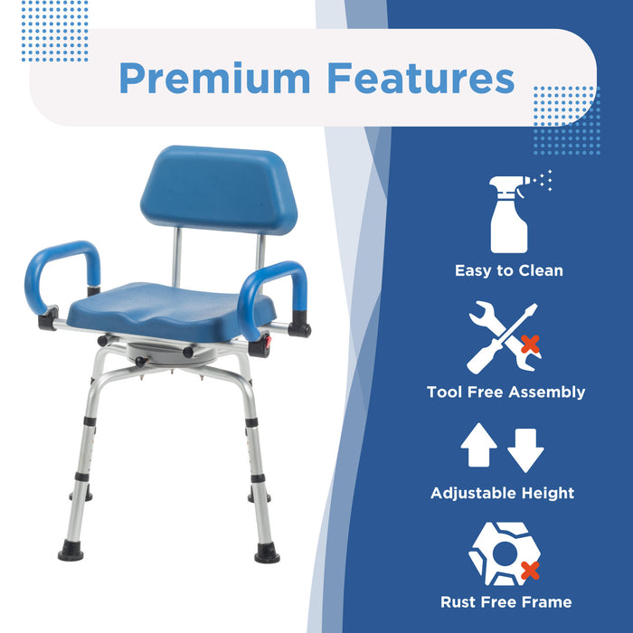 The Journey SoftSecure Rotating Shower Chair, blue and silver with armrests and backrest, is shown beside icons for easy cleaning, tool-free assembly, adjustable height, rust-free frame, and a 360° rotating seat.