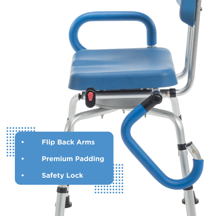 The Journey SoftSecure Rotating Shower Chair features a blue and silver design, flip back arms, premium padding, safety lock, and a 360° rotating medical-grade seat. Highlights: Flip Back Arms, Premium Padding, Safety Lock.
