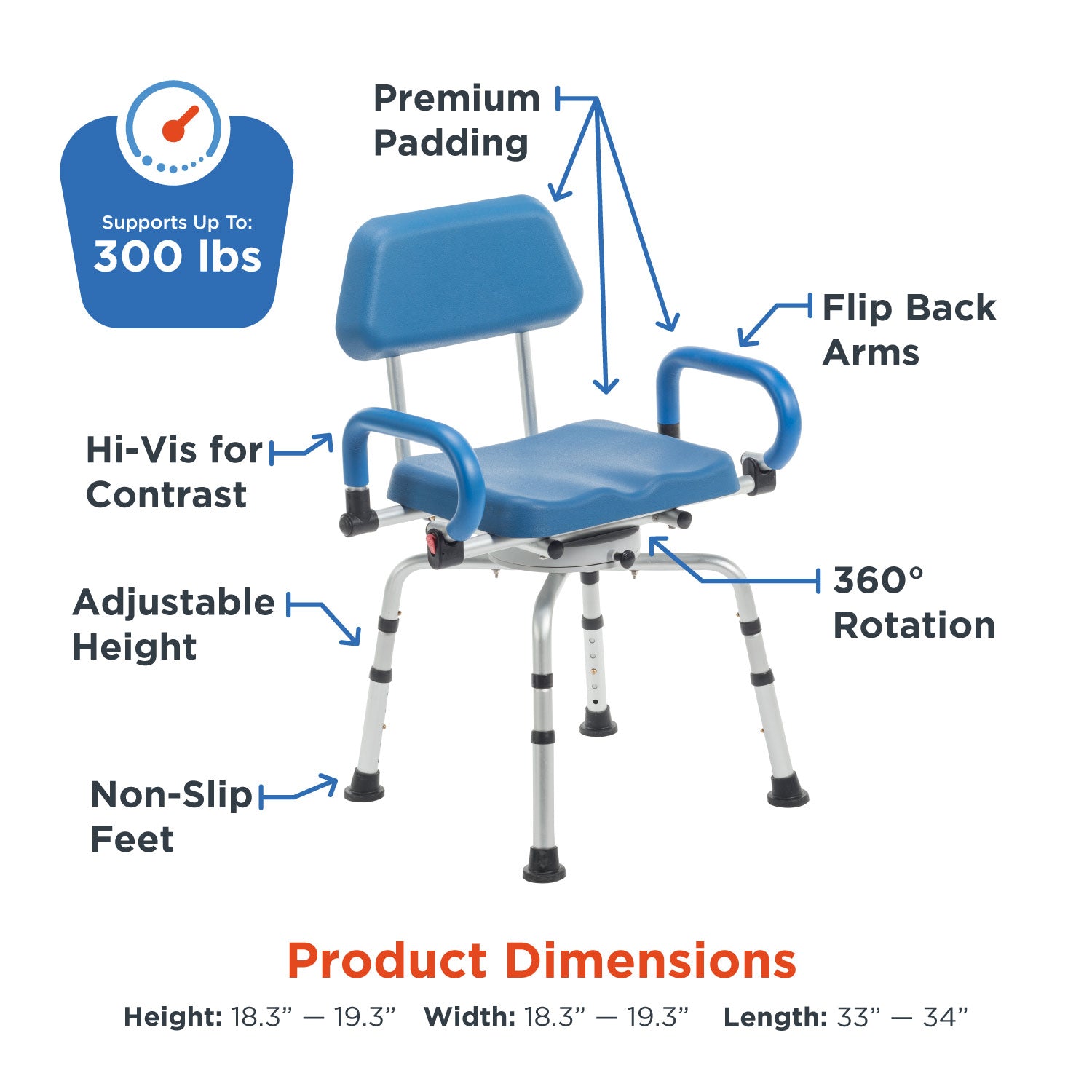The Journey SoftSecure Rotating Shower Chair with Microban Protection features 360° rotation, premium padding, flip-back arms, adjustable height, non-slip feet, hi-vis contrast, armrests and backrest; supports up to 300 lbs. See dimensions below.