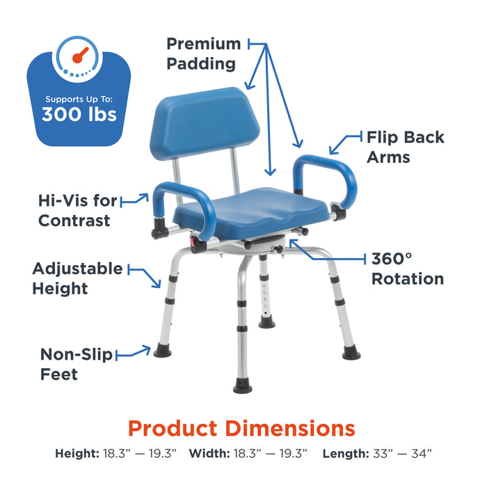 The Journey SoftSecure Rotating Shower Chair features blue and silver design, flip-back arms, medical-grade padded seat, hi-visibility contrast, non-slip feet, 360° rotation, supports up to 300 lbs. Size: 30–34.88H x 19.25W x 23–24.75D.