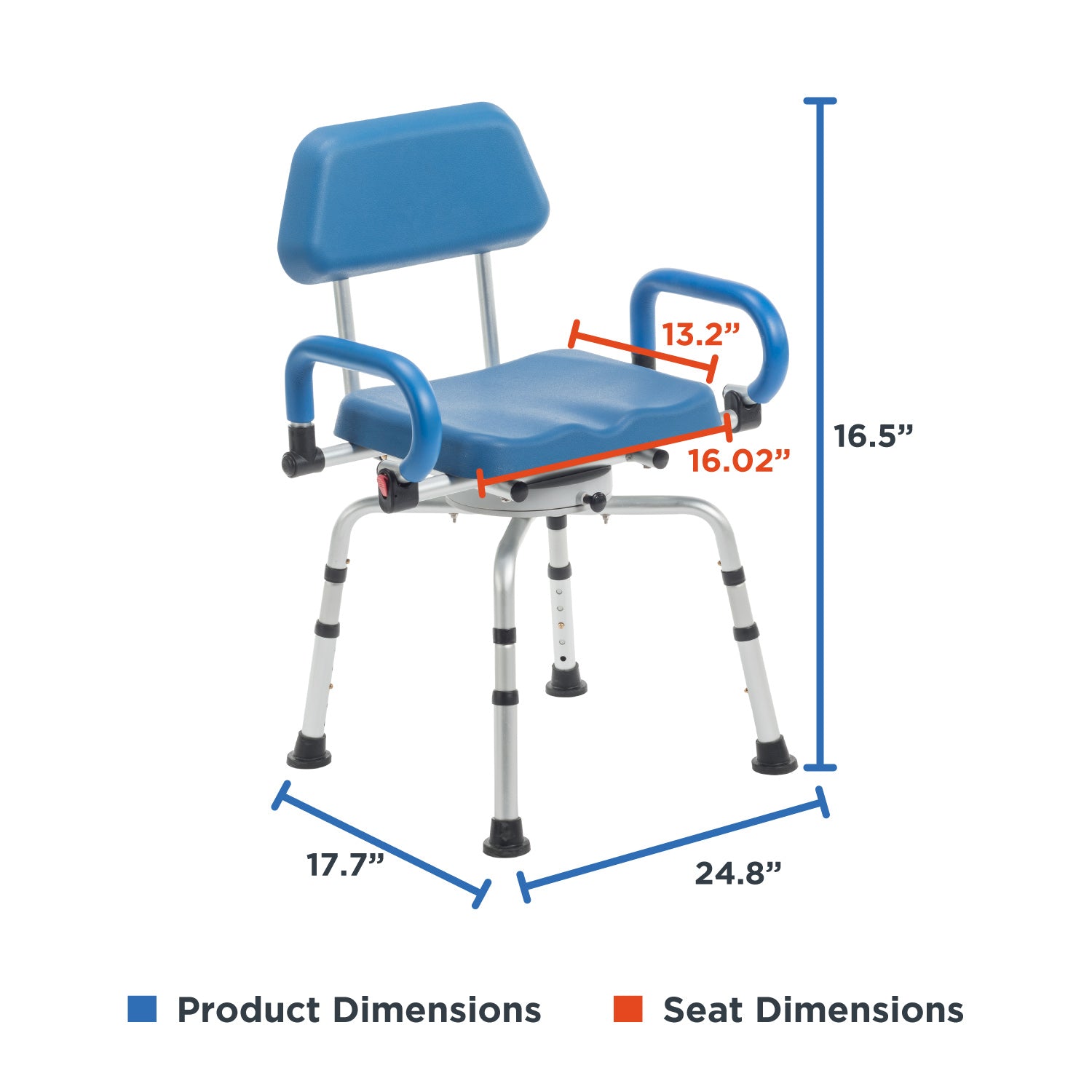 The Journey SoftSecure Rotating Shower Chair with Microban Protection is blue and silver, features armrests, and measures 17.7 wide, 24.8 deep, and 16.5 high; the seat is 13.2 wide by 16.02 deep—ideal for seniors.