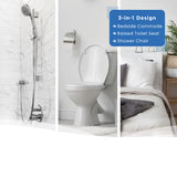 Split image of a bedroom, white toilet, and shower with handheld showerhead. Journey SoftSecure Uplift Toilet Assist Commode: 3-in-1 use as bedside commode, raised toilet seat, shower chair. Medical-grade padding adds extra comfort.
