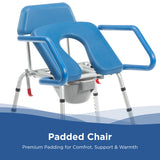 The Journey SoftSecure Uplift Toilet Assist Commode is a blue padded chair with armrests and an open front seat, featuring premium medical-grade padding, a detachable bucket underneath, and 3-in-1 versatility for daily comfort and support.