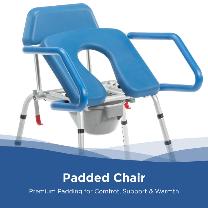 The Journey SoftSecure Uplift Toilet Assist Commode is a blue padded chair with armrests and an open front seat, featuring premium medical-grade padding, a detachable bucket underneath, and 3-in-1 versatility for daily comfort and support.