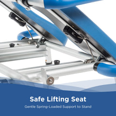 Close-up of Journey SoftSecure Uplift Toilet Assist Commode – Safer Transfers: blue and silver spring-loaded seat for gentle, safe support when standing—ideal with self-powered lift or bedside commodes.