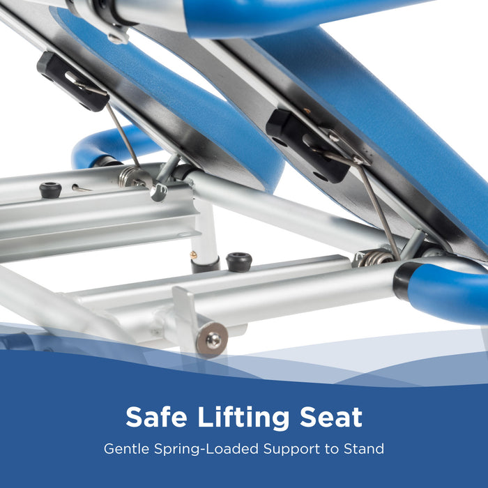 Close-up of blue medical-grade padding and spring-loaded support on a silver frame. Text overlay: Journey SoftSecure Uplift Toilet Assist Commode – Gentle, Safe Spring-Loaded Lift to Help You Stand.